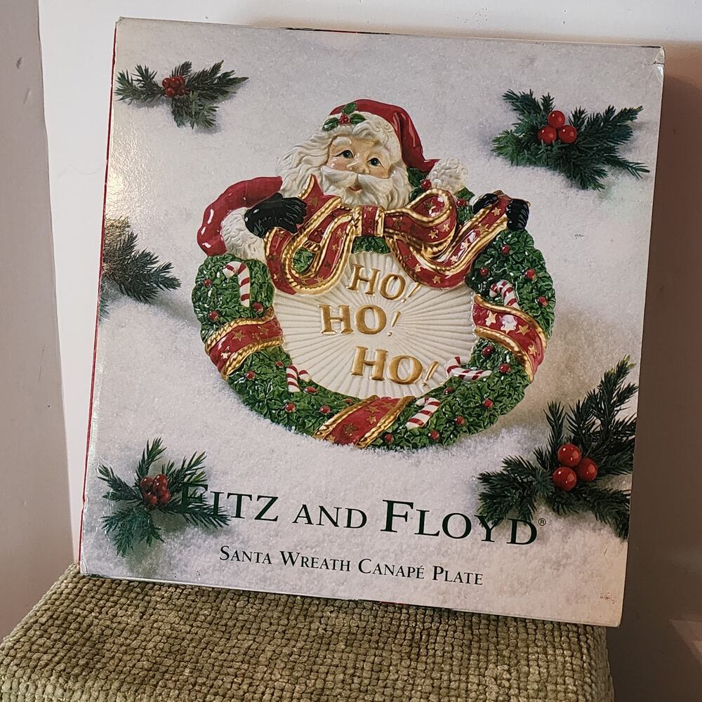 Fitz & Floyd Santa Wreath Canape Plate Christmas 2001 Essentials w/ Box